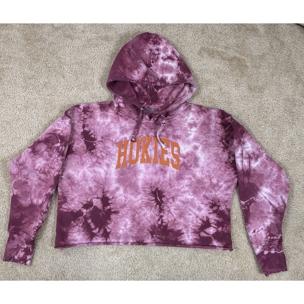 Virginia Tech Hokies Tye Dye Cropped Hoodie Small With Raw Unfinished Hem